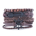 Men's retro layered leather bracelet set with wooden beads and nautical steering wheel charm - Four-Item Style (TZ126)