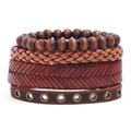 Set of four vintage leather bracelets featuring wooden beads and braided punk styles - 4-Piece Set (TZ127)