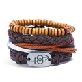 Set di bracciali multistrato in pelle intrecciata con perline in legno e ciondolo vintage - Set da Quattro Pezzi (TZ124)