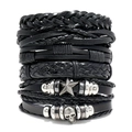 Set de 6 pulseras retro de cuero negro multicapa con dijes punk de calavera y estrella - Negro
