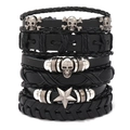 Set de pulseras de cuero trenzado punk con calaveras plateadas y colgantes de estrellas - Juego de 6 Piezas