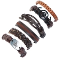 6-piece set of men's vintage leather bracelets with metal anchor and peace charms - 6-Piece Set (TZ192)