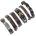 Retro braided brown leather bracelet set for men with metal star and feather charms - 6-Piece Set