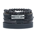Schwarzes mehrlagiges Lederarmband-Set für Herren mit einem Vintage-Metallkreuz-Anhänger - 4-Teiliges Set (TZ179) / Schwarz