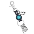 Detail of leather zodiac keychain with moon owl charm and five metal hooks on white background - Single Pack / Libra