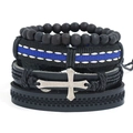 Vintage multilayer black leather bracelet set with wooden beads and silver cross pendant - Multi-layer Combination Set