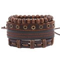 Handmade multilayer leather bracelet set with brown wooden beads and braided retro straps - Combination Style