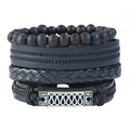 Retro 4-piece woven leather bracelet set with wooden beads and silver metal charms - Black (4-Piece Set)