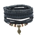 Retro mehrlagiges Lederarmband-Set mit Holzperlen und Bronze-Blattanhänger - Retro mehrlagiger geflochtener Stil