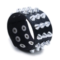 Punk style wide leather bracelet featuring triple rows of silver cone metal spikes - Black