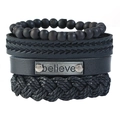 Set di 4 bracciali retrò in pelle da uomo con placca Believe e perline nere - Set da 4 pezzi nero
