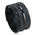 Retro punk style black wide leather bracelet with triple layers and metal studs - Distressed Black