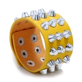 Punk style wide yellow leather bracelet featuring three rows of silver metal spike studs - Yellow