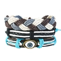 Three-piece leather woven bracelet set featuring blue evil eye charm and braided ropes - Braided Multilayer Style