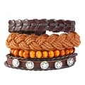 Vintage 4-piece set of woven leather and wood bead bracelets with star metal charms - Multi-layer Braided Style