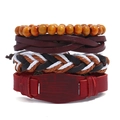 Set di 4 braccialetti in pelle intrecciata retrò da uomo con perline di legno e ciondolo a scudo - Set da 4 pezzi