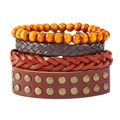 Retro 4-piece set of woven leather bracelets with brown beads and brass metal rivets - Multi-layer Style