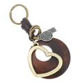 Retro leather keychain with engraved wooden heart disc and motivational metal plaque - Vintage Leather Style (K240)