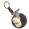 Vintage gevlochten bruin leren sleutelhanger met bronzen bedels en pet-hanger - Vintage Gevlochten Honkbalpet Bedeltje