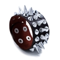 Punk wide dark brown leather bracelet featuring three rows of silver metal cone spikes - Brown