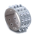 Light gray punk leather bracelet with three rows of silver metal cone spikes - Gray
