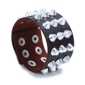 Punk brown leather wide bracelet featuring three rows of silver metallic cone spikes - Brown