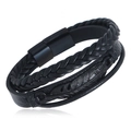 Men's double-layered black braided leather bracelet with carved feather metal accent - 20.5CM / Black
