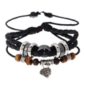 Bracciale multistrato in pelle da uomo con ciondolo a foglia e perline in legno vintage - Nero