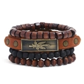 Set bracciale multistrato in pelle e perline di legno con ciondolo a foglia d'acero - Set da 4 pezzi