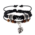 Bracciale multistrato in pelle intrecciata da uomo con perline in legno e foglia - Nero