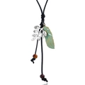 Collana lunga vintage con ciondolo a foglia d'argento e perline marroni su cordino nero - Stile Foglia di Piuma Teal