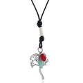 Collier bohème avec pendentif arbre de vie, feuille en métal et perle rouge sur cordon - Style de Feuille d'Arbre Rétro (N0352)