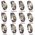 Retro multi-layer woven leather zodiac bracelets with 12 constellation bronze charms - Mixed 12 Zodiac Signs