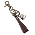 Portachiavi vintage in pelle marrone con moschettone in bronzo e tre piccoli anelli - Marrone