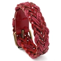 Retro handmade braided red PU leather bracelet with adjustable bronze metal buckle - Red