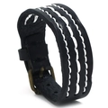 Bracciale retrò uomo in pelle nera con cuciture bianche e fibbia in bronzo - Nero
