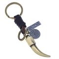 Vintage punk woven leather keychain with bronze metal horn pendant and engraved plate - Dark Brown Vintage Horn Style