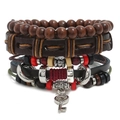 Mehrlagiges Lederarmband-Set im Punk-Stil mit Retro-Anhängern und Holzelementen - Vintage Geflochtenes Perlen-Set