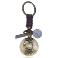 Retro Leo zodiac keychain featuring brown leather wrap and bronze lion relief pendant - Leo