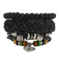 Retro punk set of four beaded leather bracelets featuring wooden beads and metal charms - Three-Piece Set