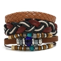 Retro multi-layer bracelet set with braided leather, wood beads, and woven ropes - Woven Leather Beaded Bracelet Combo