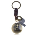 Vintage woven leather keychain with Aquarius bronze pendant and custom charms - Aquarius