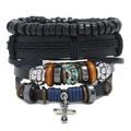 Men's multilayer leather bracelet set with wooden beads and vintage cross pendant - Set