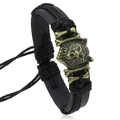 Retro punk black braided leather bracelet with bronze wolf head and crossbones - Black