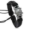 Retro braided black leather bracelet featuring a silver-tone wolf head and crossbones charm - Black and Antique Silver Wolf Head