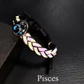 Bracciale intrecciato riflettente dei Pesci con ciondolo dello zodiaco su pelle nera - Pesci