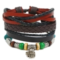 Bracciale multistrato in pelle da uomo con ciondolo a civetta retrò e perline colorate - Set da 3 pezzi