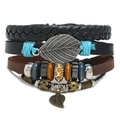Multilayer leather bracelet set featuring silver leaf charms and blue beads in boho style - Leaf Style (HM-70264(A))