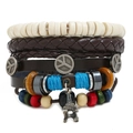 Multilayer leather bracelet set with peace sign and Eiffel Tower charms on white background - Retro Multilayer Woven Style (TZ232)