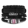 Set bracciale multistrato in pelle nera con perle di legno e accenti punk vintage - Set Nero